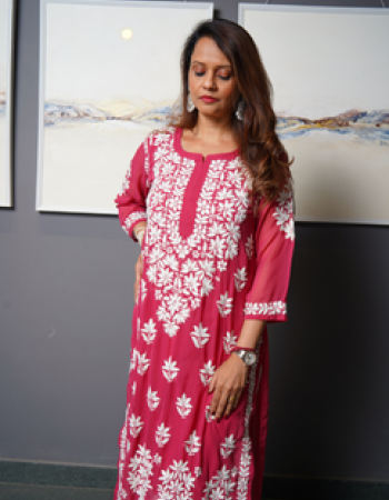 Fuchsia Pink With White Embroidered Long Kurta