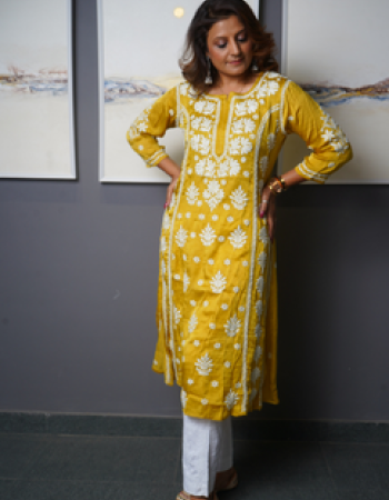 Yellow With White Embroidered Long Kurta