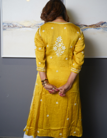 Yellow With White Embroidered Long Kurta