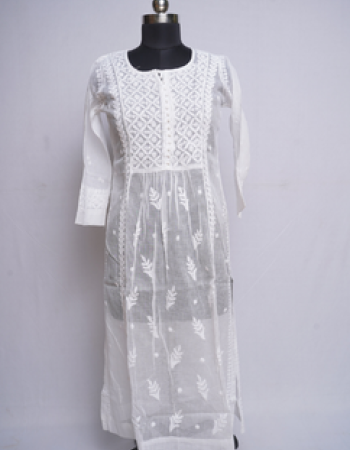 White Embroidered Long Kurta with yolk pattern