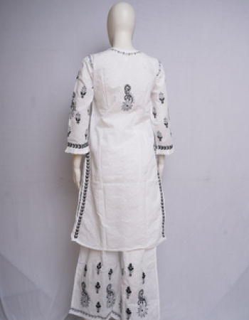 White With Black Embroidered Long Kurta