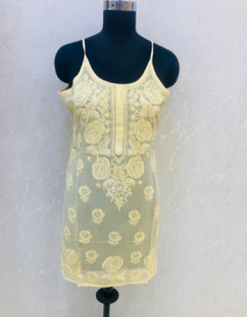 Yellow Sleevesless Embroidered Short Kurta
