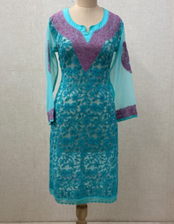 Sky Blue With Purple Embroidered Long Kurta