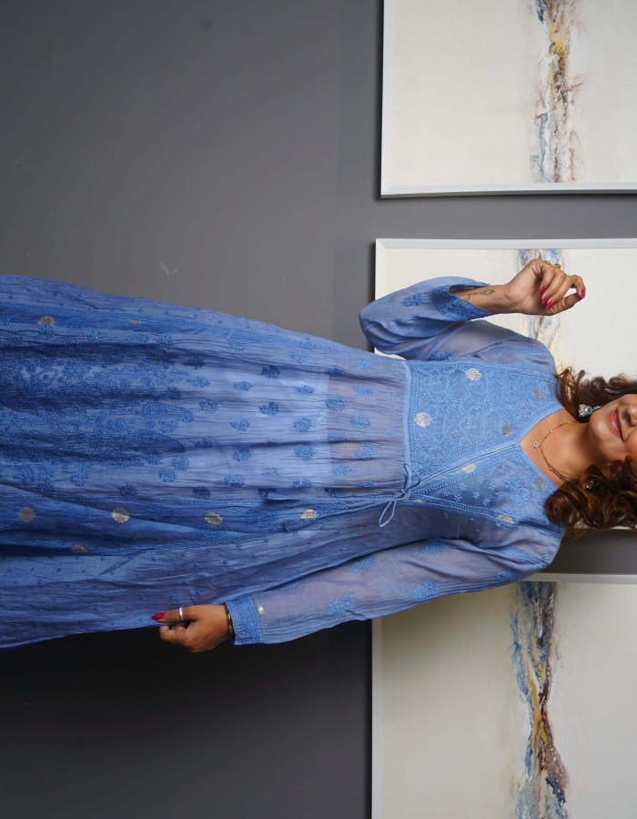 Blue Dress with Black embroidery