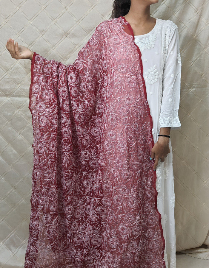 Maroon Designer Dupatta with Heavy Tepchi White Work