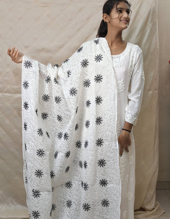 White Cotton Kota Dupatta with Black & White Threadwork