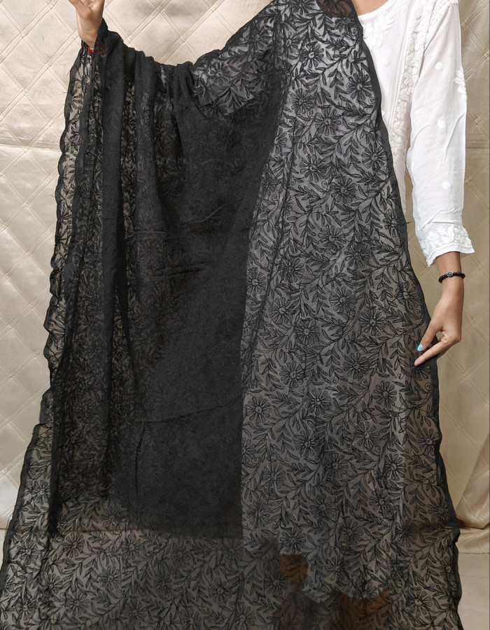 Black Georgette Dupatta with Premium Tone-to-Tone Threadwork