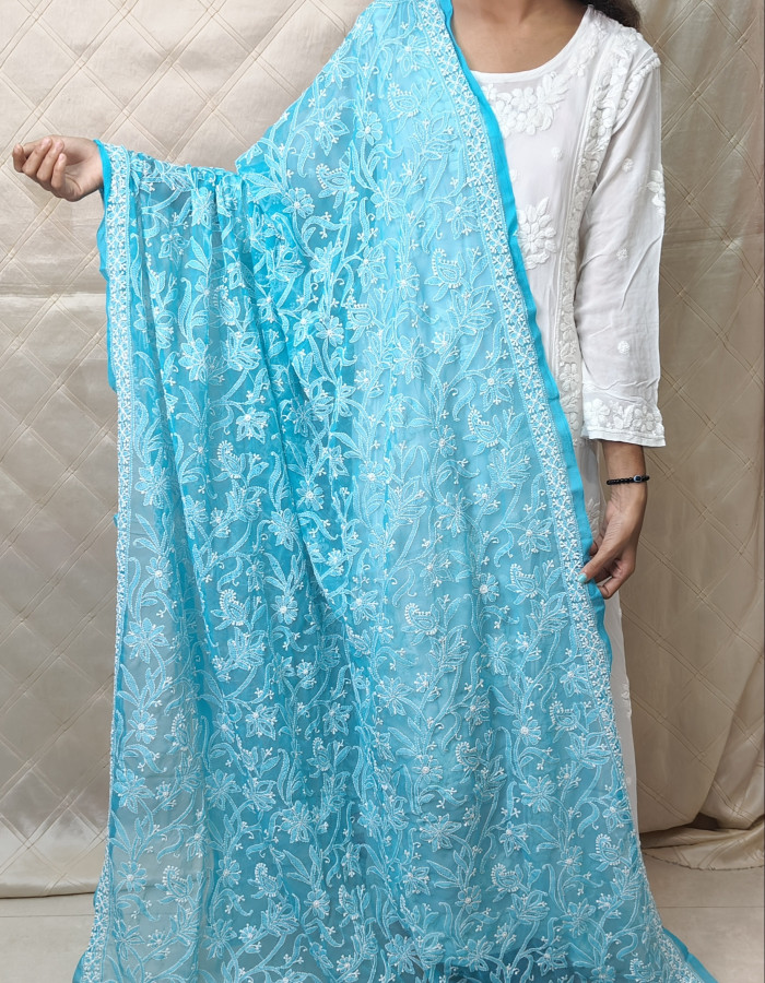 Ferozi Blue Georgette Dupatta with Fine Tepchi Work