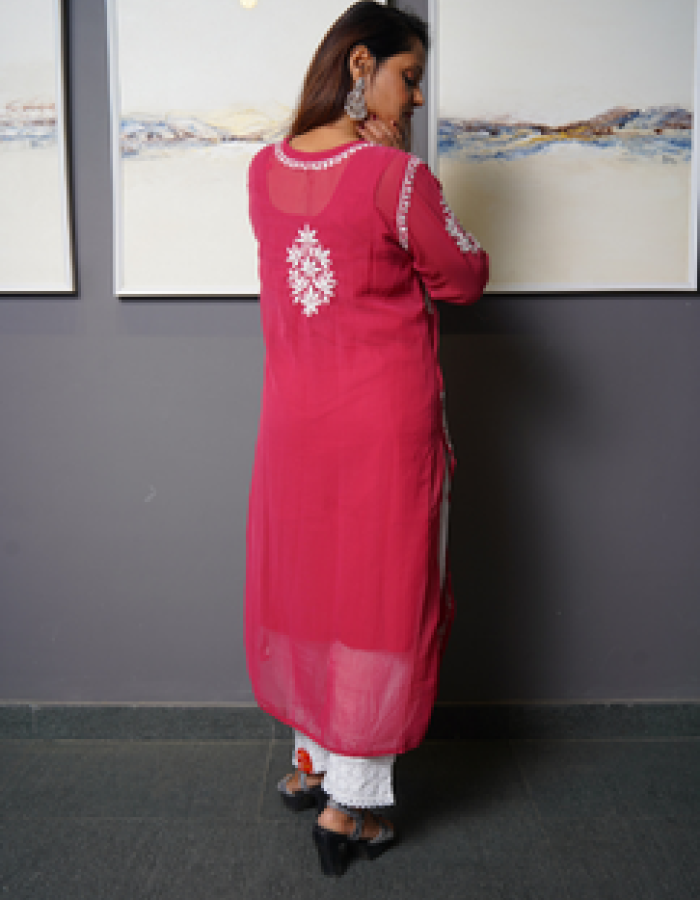 Fuchsia Pink With White Embroidered Long Kurta Fuchsia Pink With White Embroidered Long Kurta