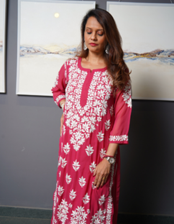 Fuchsia Pink With White Embroidered Long Kurta Fuchsia Pink With White Embroidered Long Kurta