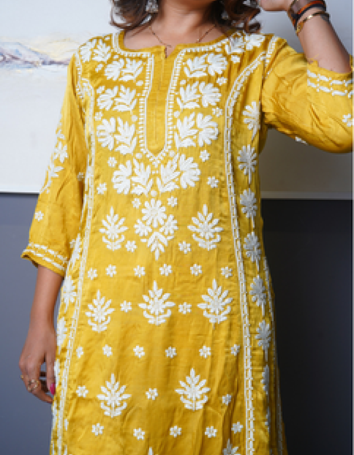 Yellow With White Embroidered Long Kurta Yellow With White Embroidered Long Kurta