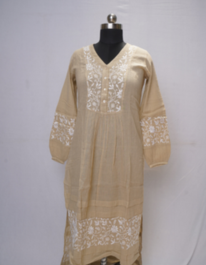 Cream And White Embroidered Long Kurta