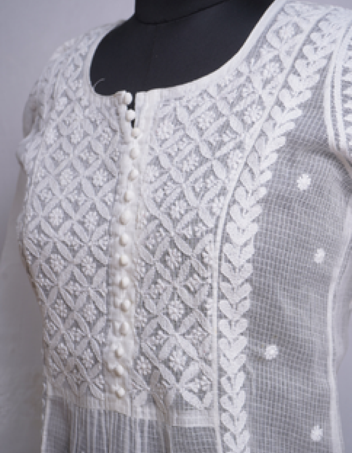 White Embroidered Long Kurta with yolk pattern White Embroidered Long Kurta with yolk pattern
