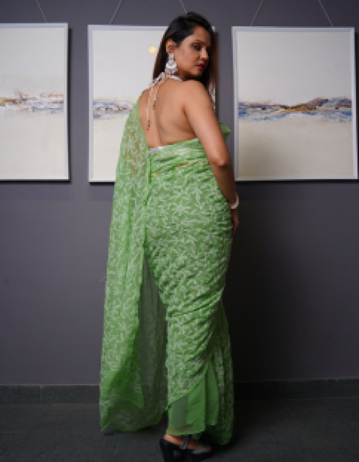 Sap Green Georgette Saree | Tepchi Threadwork All Over with Blouse Sap Green Georgette Saree | Tepchi Threadwork All Over with Blouse