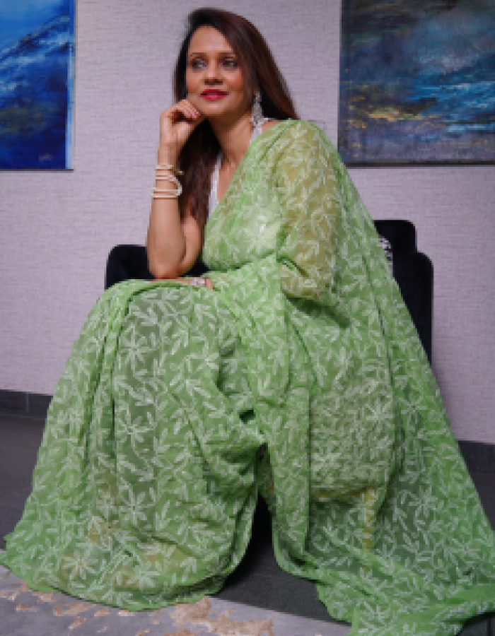 Sap Green Georgette Saree | Tepchi Threadwork All Over with Blouse Sap Green Georgette Saree | Tepchi Threadwork All Over with Blouse