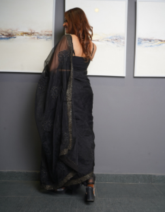 Matte Black Organza Silk Dupatta | Lucknowi Chikankari & Mukesh Borders with Blouse Matte Black Organza Silk Dupatta | Lucknowi Chikankari & Mukesh Borders with Blouse