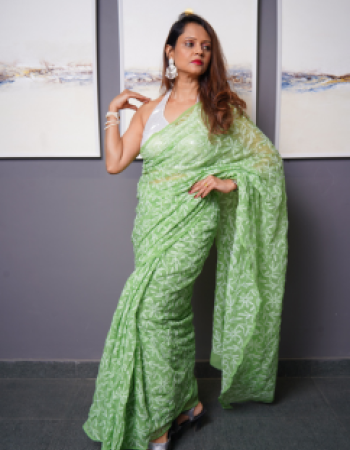 Sap Green Georgette Saree | Tepchi Threadwork All Over with Blouse