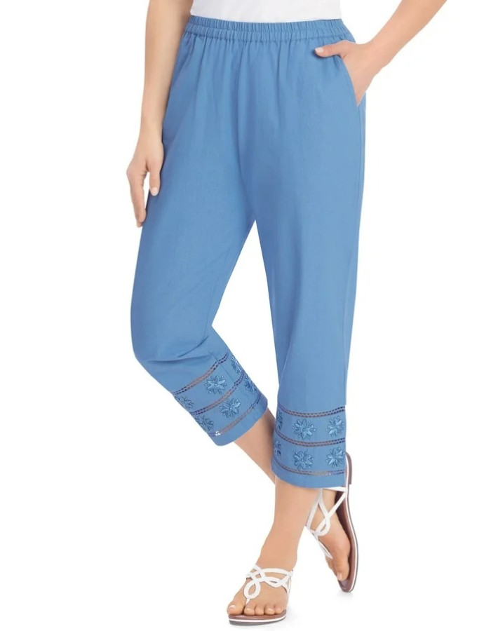 Blue Embroidered Cotton Cropped Pants Blue Embroidered Cotton Cropped Pants