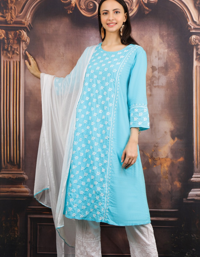 Elegant Blue Chikankari Kurti Set with Dupatta Elegant Blue Chikankari Kurti Set with Dupatta