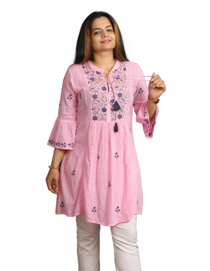 Pink Embroidered Tunic with Tassel Tie Pink Embroidered Tunic with Tassel Tie