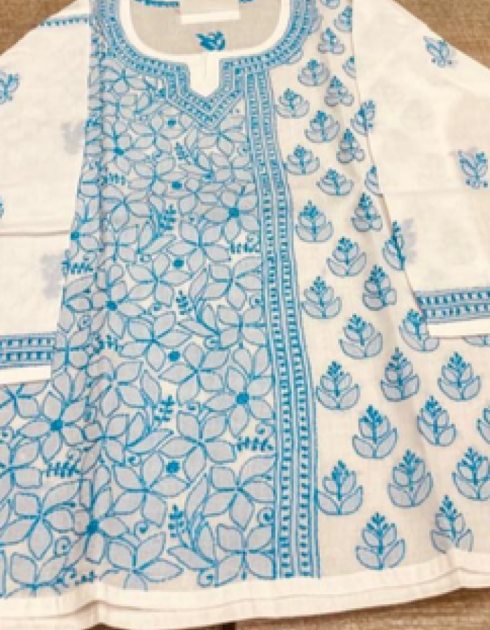 Blue And white Embroidered Short Kurta