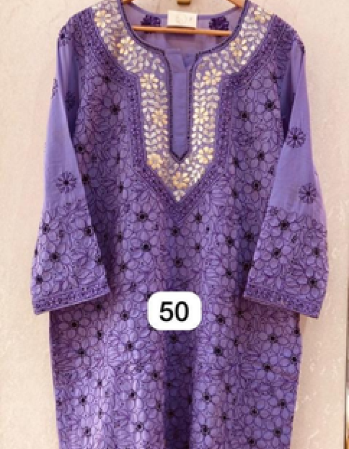 Pure Cambric Cotton Long Kurti – Black & Purple Thread Work