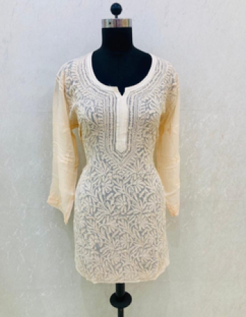 Cream Embroidered Short Kurta