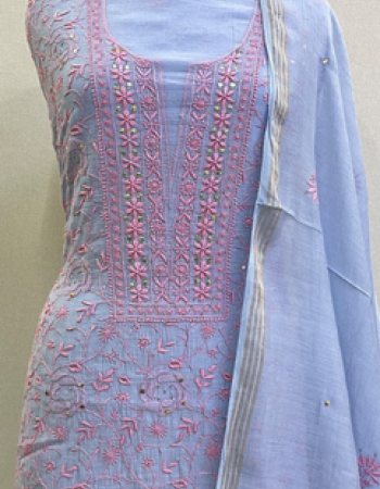 Light Blue Violet Embroidered Premium Dress Material (Kurta & Dupatta)