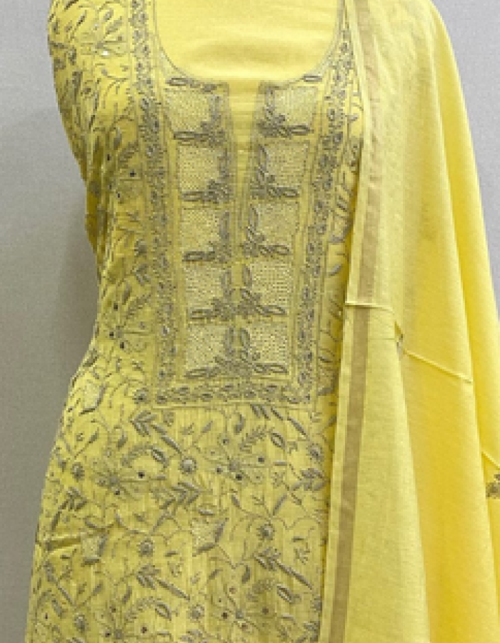 Noor Jahan elegance in light apricot with metallic grey artistry Premium Dress Material (Kurta & Dupatta)