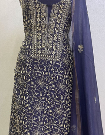 Dark Blue Embroidered Dress Material